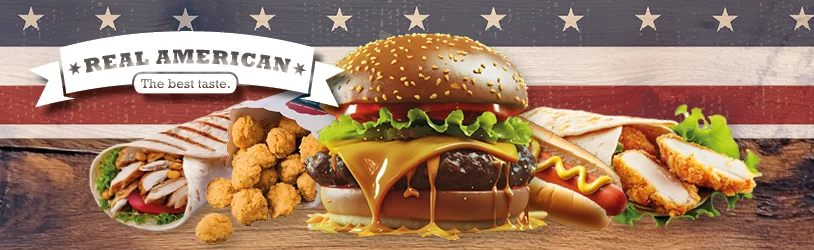 Real American hamburgers, hotdogs en kip Real American hamburgers, hotdogs en kip